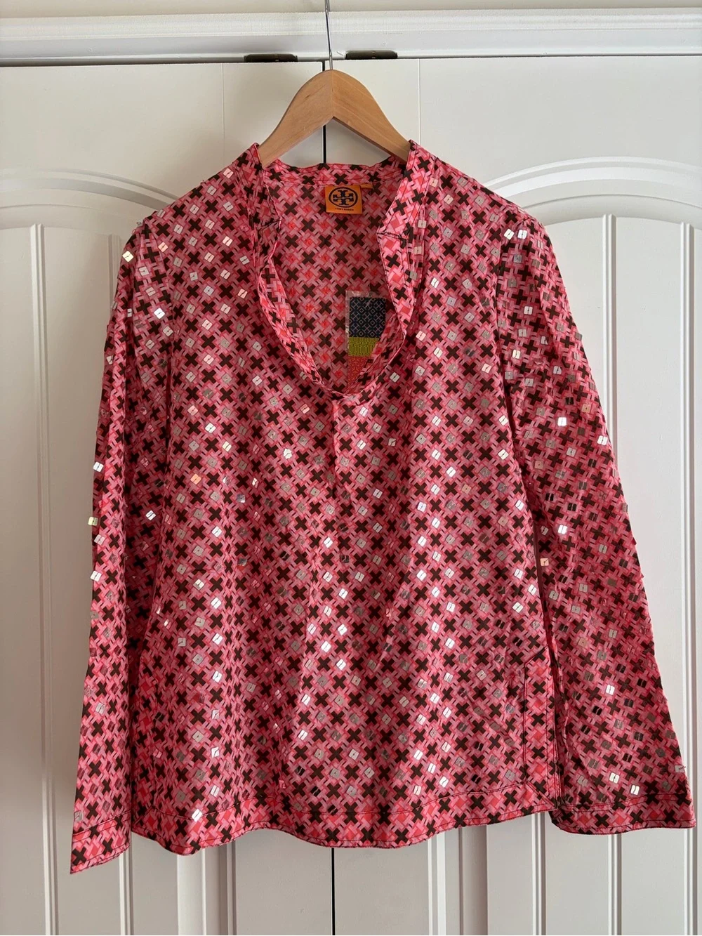 Tory Burch NWT Stephanie Pullover Sheer Tunic Women's Top Pink Sequins Size 6